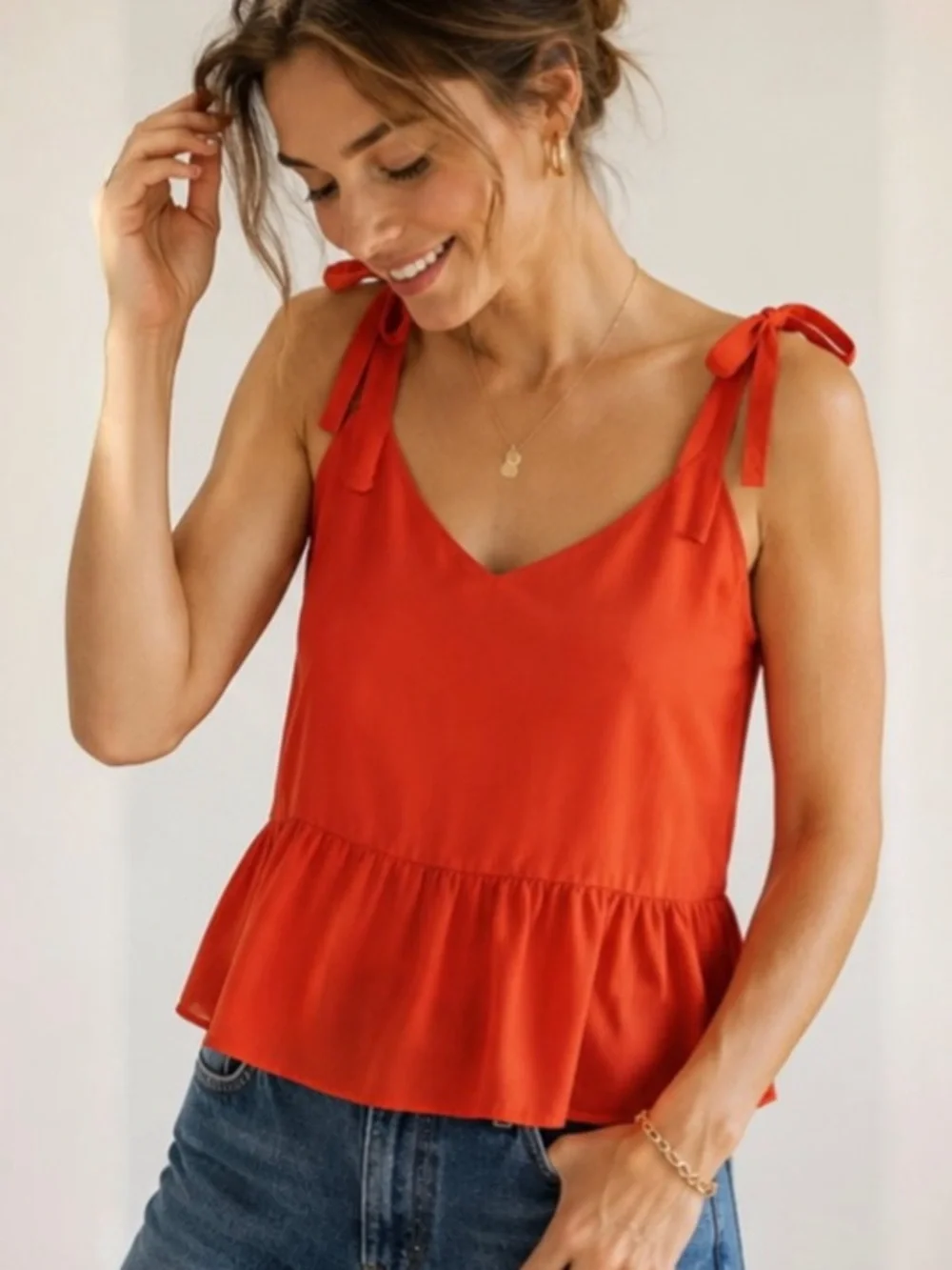 J.Crew 100% Silk Peplum Tank Red Orange Tie Strap Ruffle Top Size 6